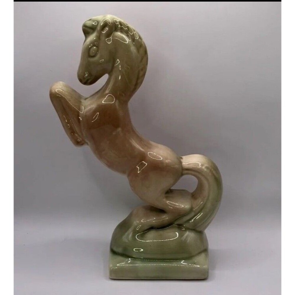 VTG Mid Century Rearing Horse Figure Statue Ceramic 10.5 In Ombre Tan Green